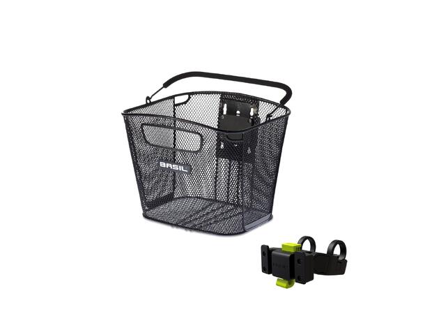 Basil Bold KF Kurv Front inkl feste Sort, Alu, 16l, inkl KlickFix Styrefeste 