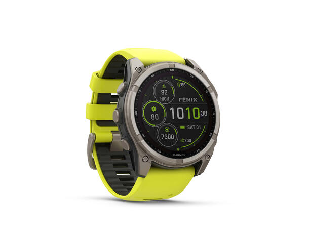 Garmin Fenix 8, 51 mm, Solar Titan med gul/grafittfarget rem 