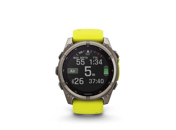 Garmin Fenix 8, 51 mm, Solar Titan med gul/grafittfarget rem 