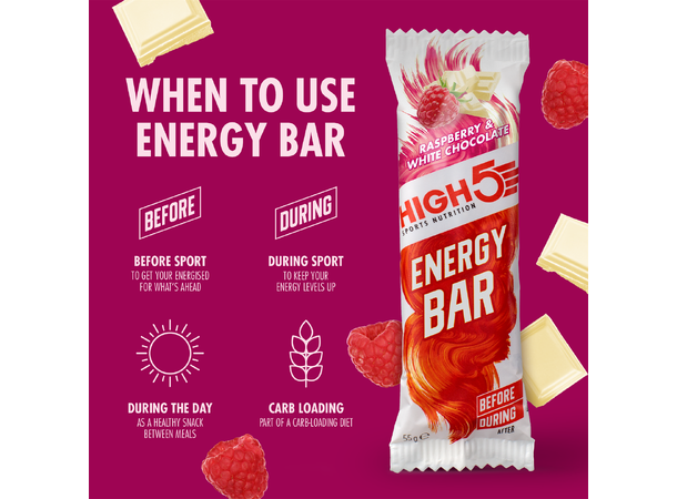 High5 EnergyBar Bringebær/Hvit Sjokolade 55gr, 1 stk 